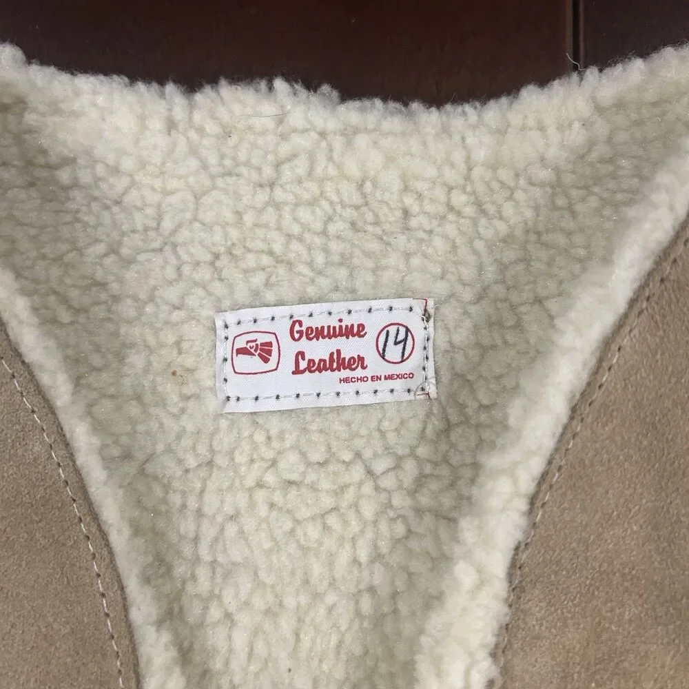 Vintage Genuine Leather Kids Sherpa Button Up Vest Size 14 HandMade In Mexico